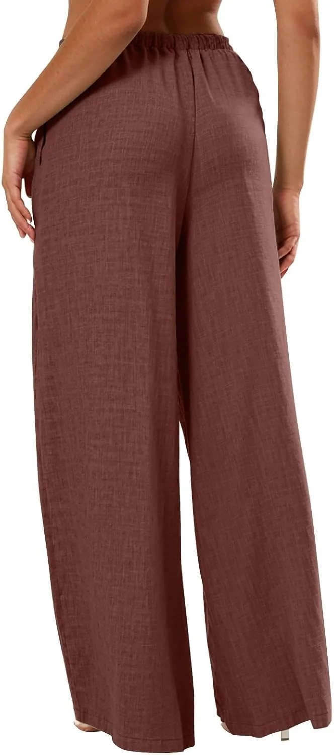 fanmpghleoo Wide Leg Linen Pants for Women Drawstring Flowy Beach Pants Casual Palazzo Pants Comfy Lounge Pants with Pockets