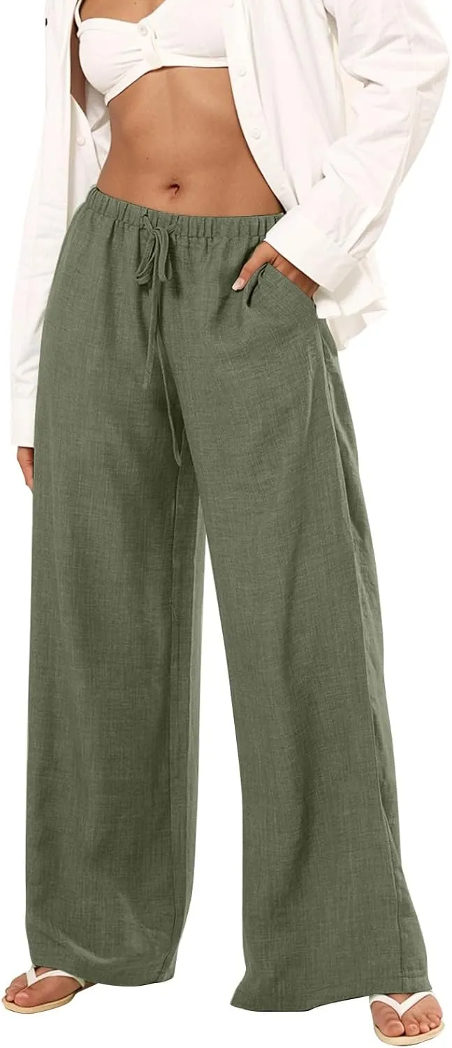 fanmpghleoo Wide Leg Linen Pants for Women Drawstring Flowy Beach Pants Casual Palazzo Pants Comfy Lounge Pants with Pockets