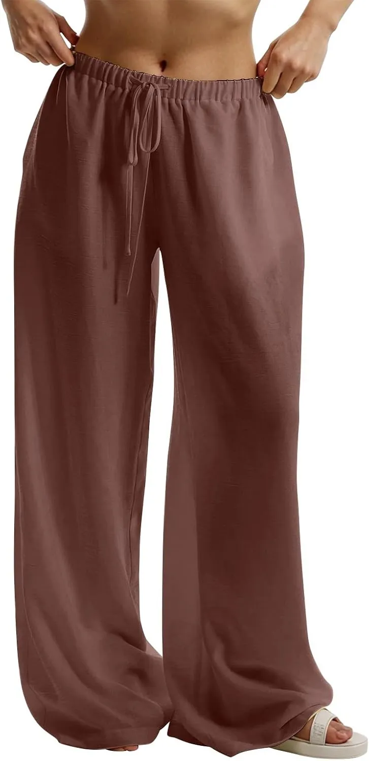 fanmpghleoo Wide Leg Linen Pants for Women Drawstring Flowy Beach Pants Casual Palazzo Pants Comfy Lounge Pants with Pockets