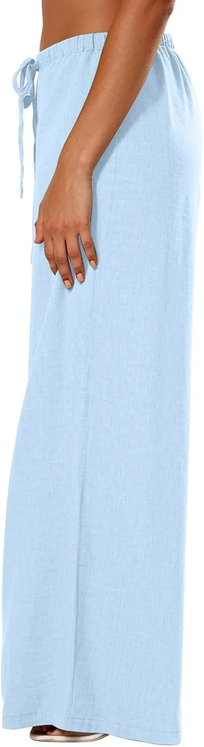 fanmpghleoo Wide Leg Linen Pants for Women Drawstring Flowy Beach Pants Casual Palazzo Pants Comfy Lounge Pants with Pockets
