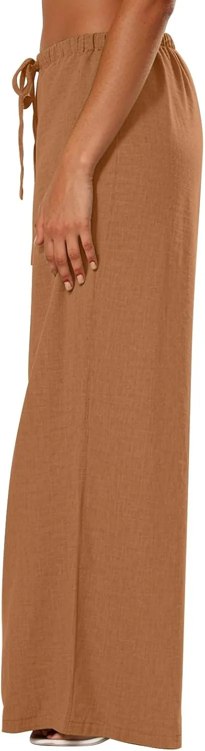 fanmpghleoo Wide Leg Linen Pants for Women Drawstring Flowy Beach Pants Casual Palazzo Pants Comfy Lounge Pants with Pockets