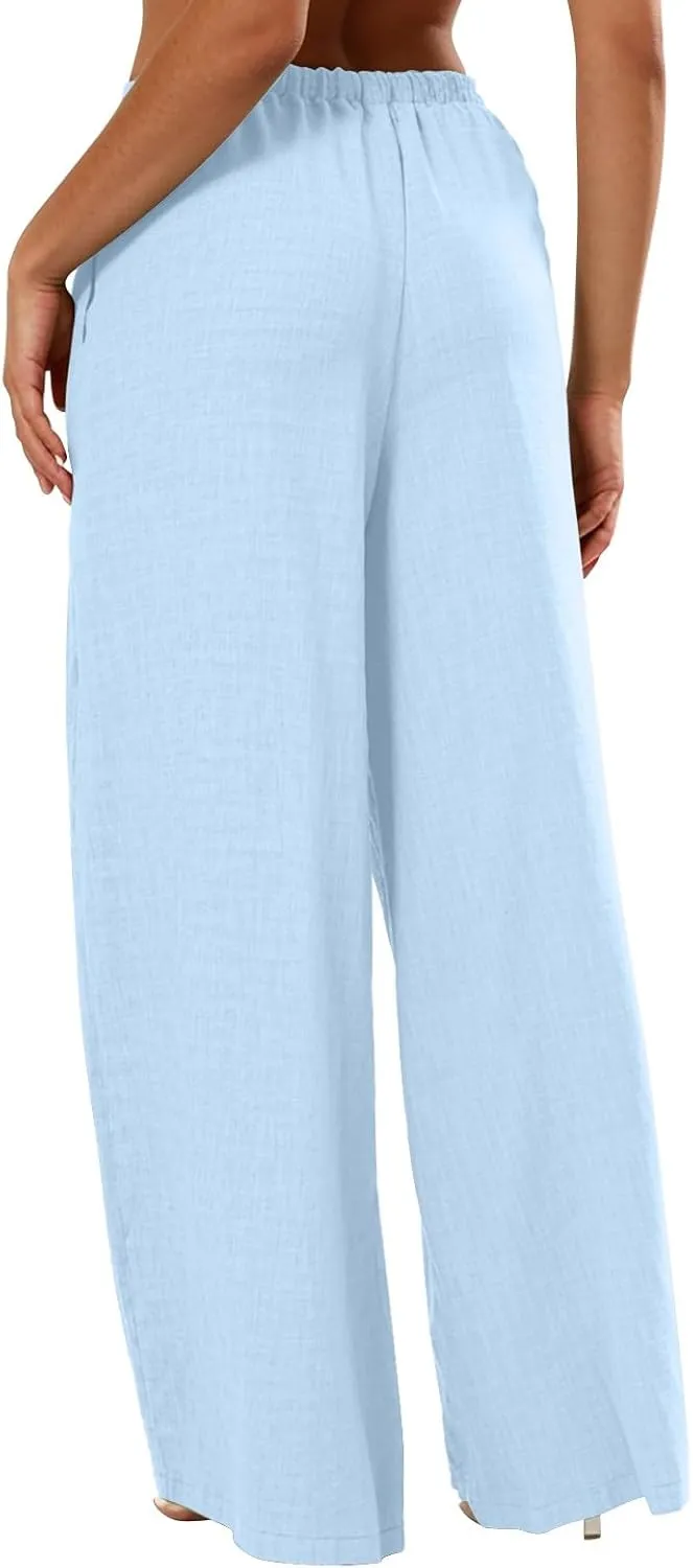 fanmpghleoo Wide Leg Linen Pants for Women Drawstring Flowy Beach Pants Casual Palazzo Pants Comfy Lounge Pants with Pockets