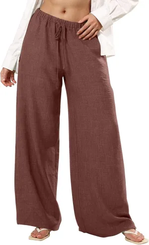 fanmpghleoo Wide Leg Linen Pants for Women Drawstring Flowy Beach Pants Casual Palazzo Pants Comfy Lounge Pants with Pockets