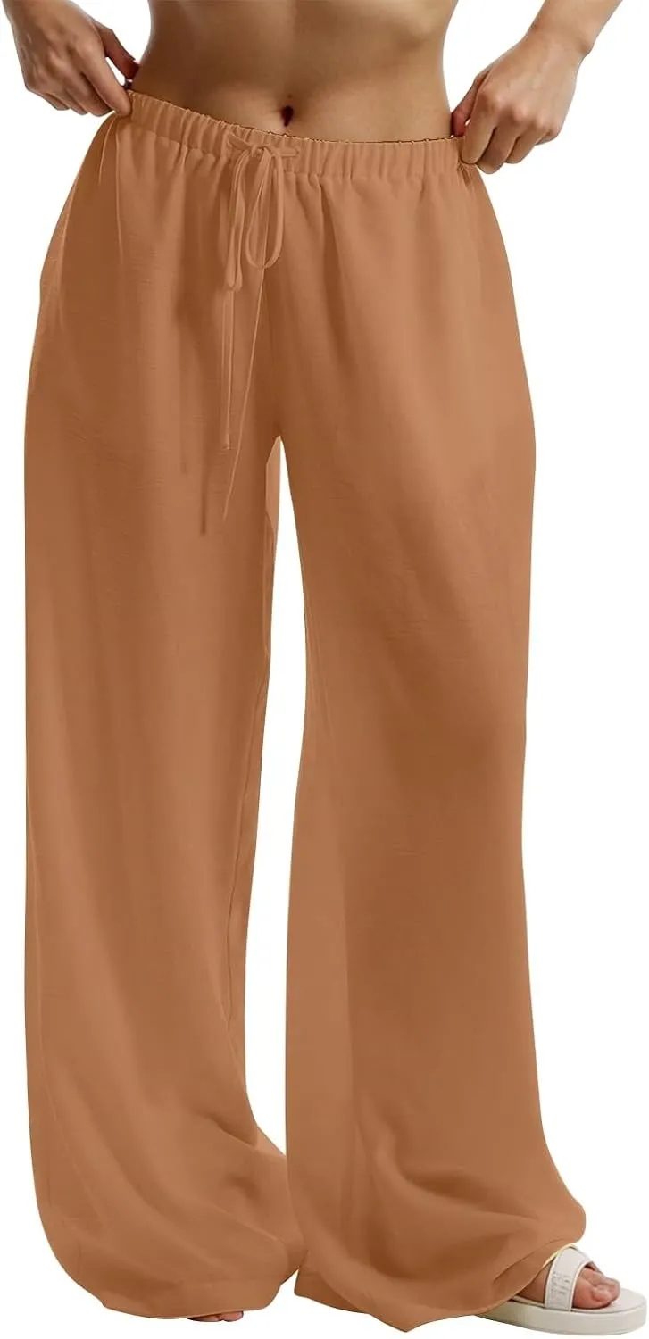 fanmpghleoo Wide Leg Linen Pants for Women Drawstring Flowy Beach Pants Casual Palazzo Pants Comfy Lounge Pants with Pockets