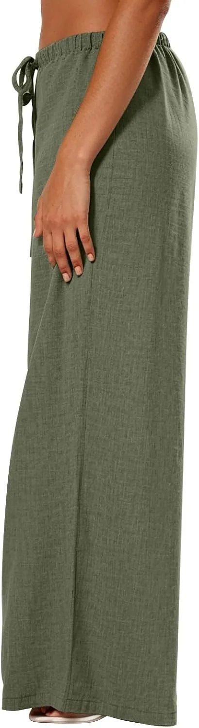 fanmpghleoo Wide Leg Linen Pants for Women Drawstring Flowy Beach Pants Casual Palazzo Pants Comfy Lounge Pants with Pockets
