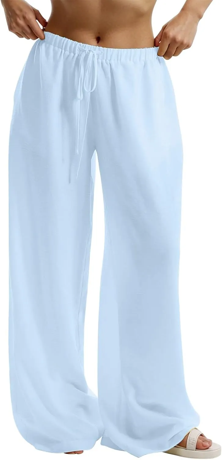 fanmpghleoo Wide Leg Linen Pants for Women Drawstring Flowy Beach Pants Casual Palazzo Pants Comfy Lounge Pants with Pockets