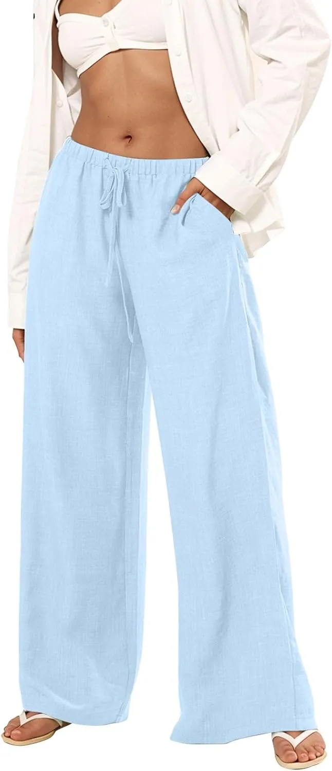 fanmpghleoo Wide Leg Linen Pants for Women Drawstring Flowy Beach Pants Casual Palazzo Pants Comfy Lounge Pants with Pockets