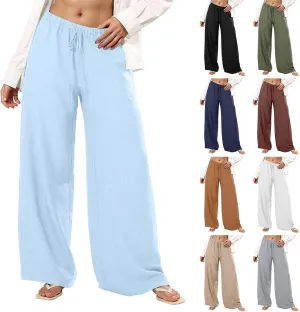 fanmpghleoo Wide Leg Linen Pants for Women Drawstring Flowy Beach Pants Casual Palazzo Pants Comfy Lounge Pants with Pockets