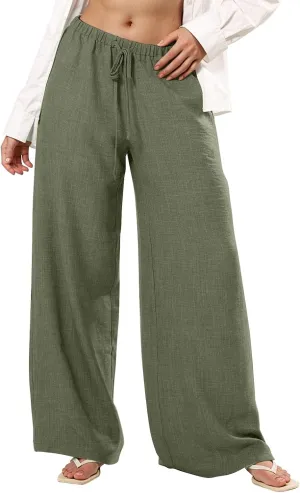 fanmpghleoo Wide Leg Linen Pants for Women Drawstring Flowy Beach Pants Casual Palazzo Pants Comfy Lounge Pants with Pockets