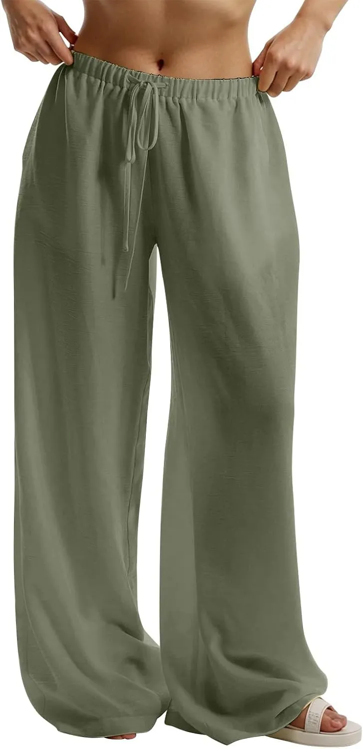 fanmpghleoo Wide Leg Linen Pants for Women Drawstring Flowy Beach Pants Casual Palazzo Pants Comfy Lounge Pants with Pockets