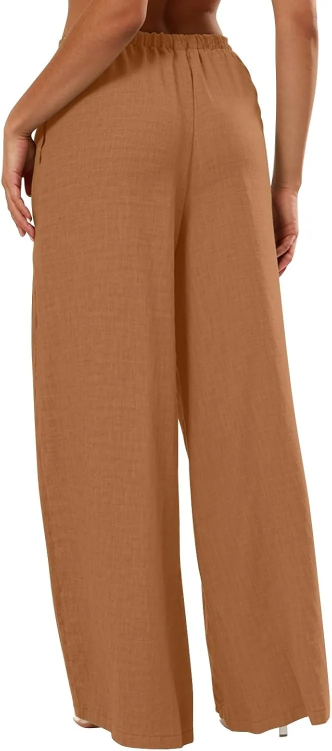 fanmpghleoo Wide Leg Linen Pants for Women Drawstring Flowy Beach Pants Casual Palazzo Pants Comfy Lounge Pants with Pockets