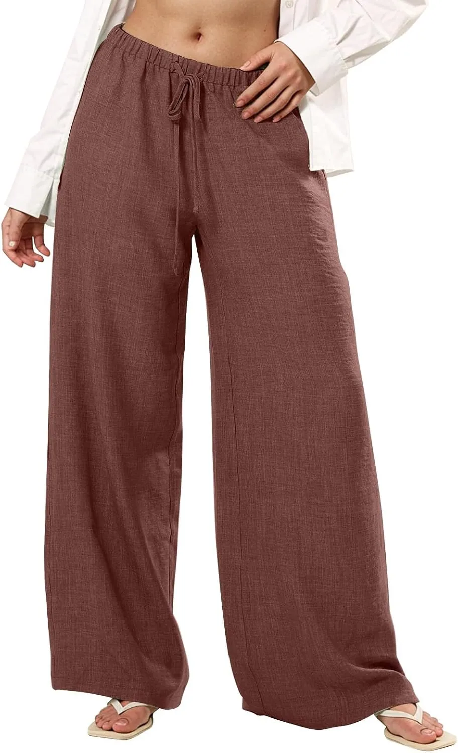 fanmpghleoo Wide Leg Linen Pants for Women Drawstring Flowy Beach Pants Casual Palazzo Pants Comfy Lounge Pants with Pockets