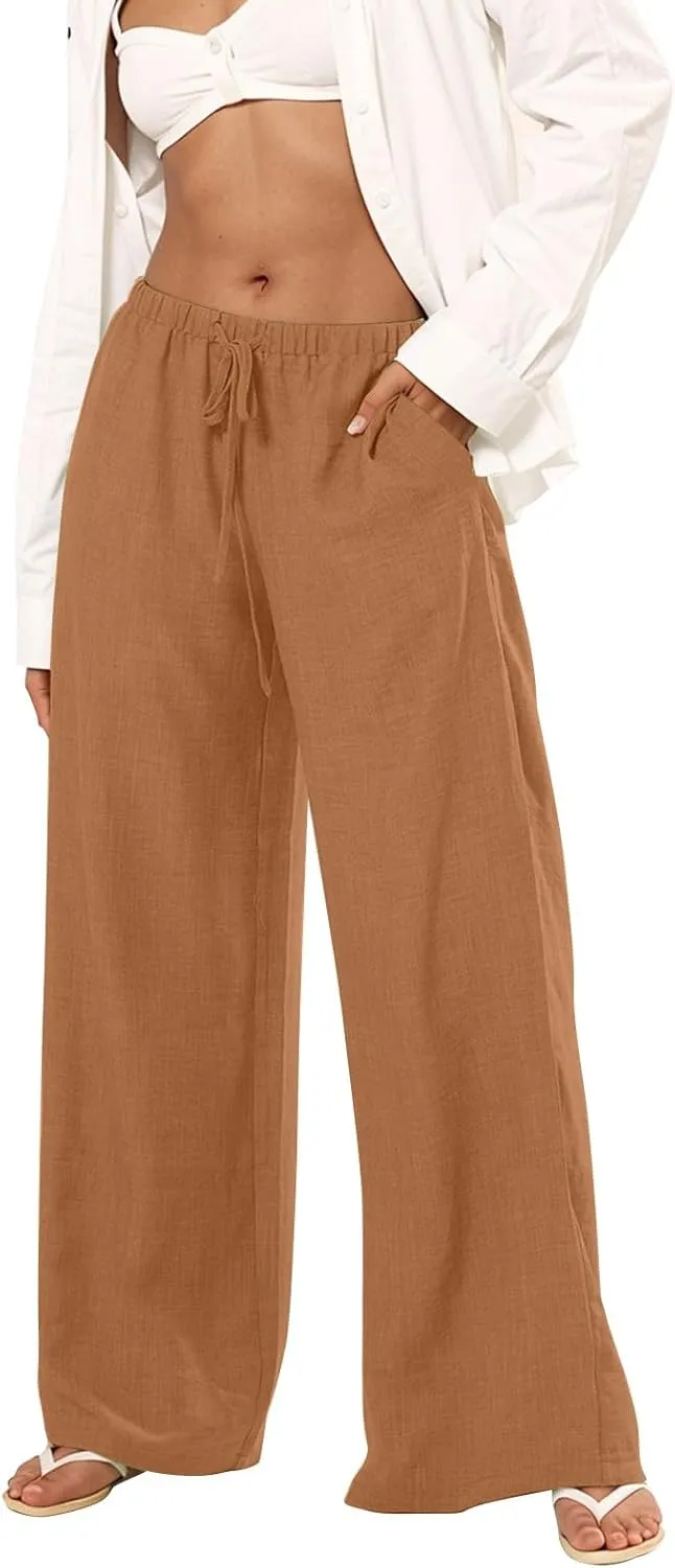 fanmpghleoo Wide Leg Linen Pants for Women Drawstring Flowy Beach Pants Casual Palazzo Pants Comfy Lounge Pants with Pockets