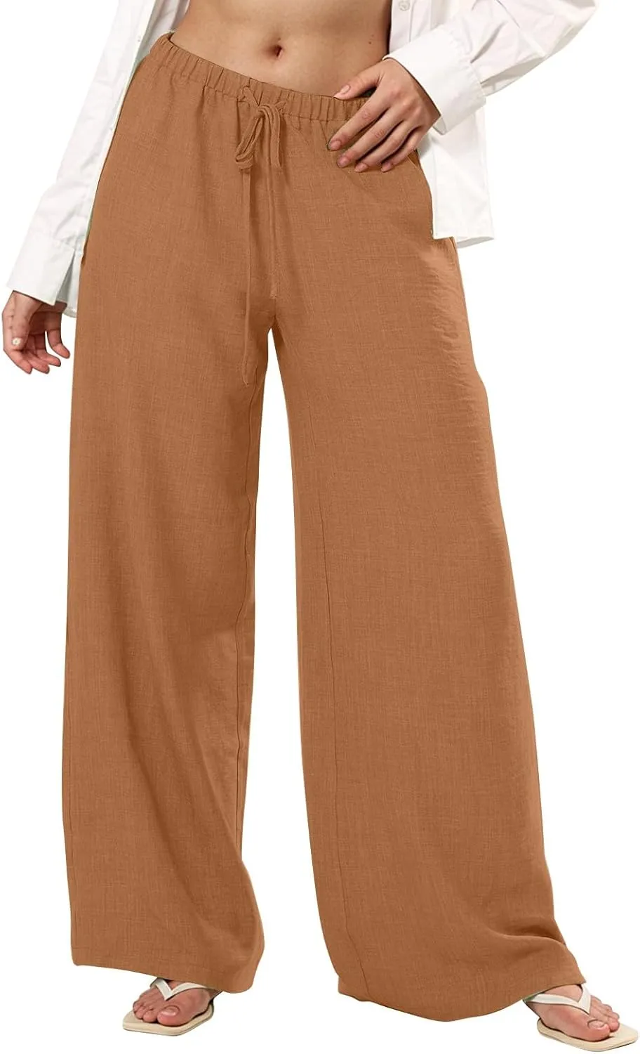 fanmpghleoo Wide Leg Linen Pants for Women Drawstring Flowy Beach Pants Casual Palazzo Pants Comfy Lounge Pants with Pockets