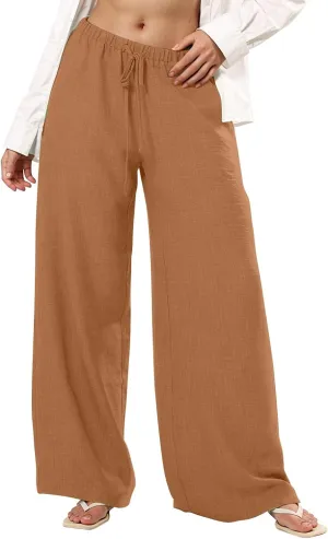 fanmpghleoo Wide Leg Linen Pants for Women Drawstring Flowy Beach Pants Casual Palazzo Pants Comfy Lounge Pants with Pockets