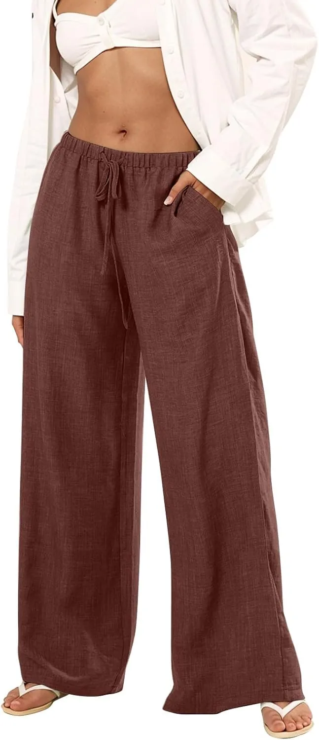 fanmpghleoo Wide Leg Linen Pants for Women Drawstring Flowy Beach Pants Casual Palazzo Pants Comfy Lounge Pants with Pockets