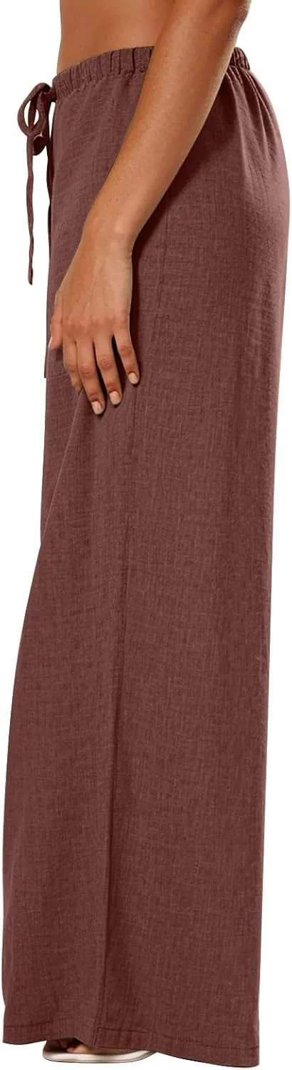 fanmpghleoo Wide Leg Linen Pants for Women Drawstring Flowy Beach Pants Casual Palazzo Pants Comfy Lounge Pants with Pockets