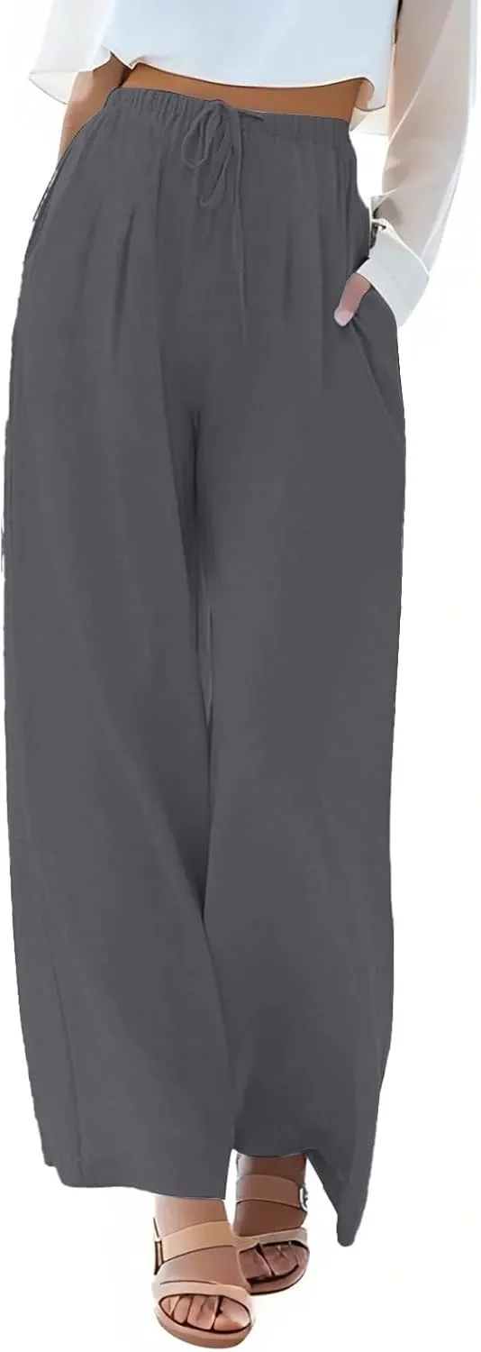 fanmpghleoo Wide Leg Linen Pants for Women Drawstring High Waisted Linen Palazzo Pants Flowy Comfy Lounge Pant with Pockets