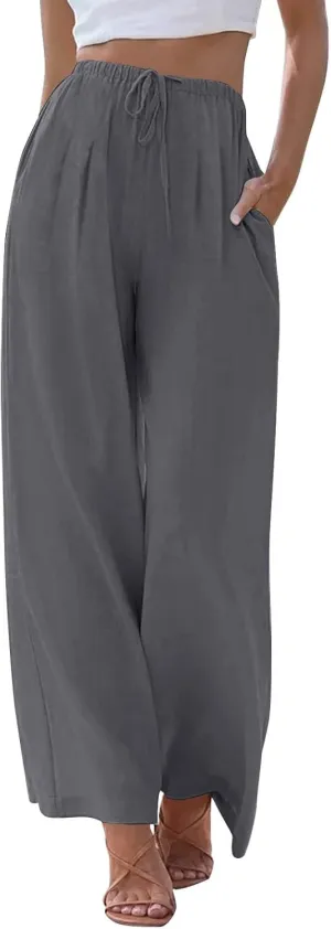 fanmpghleoo Wide Leg Linen Pants for Women Drawstring High Waisted Linen Palazzo Pants Flowy Comfy Lounge Pant with Pockets