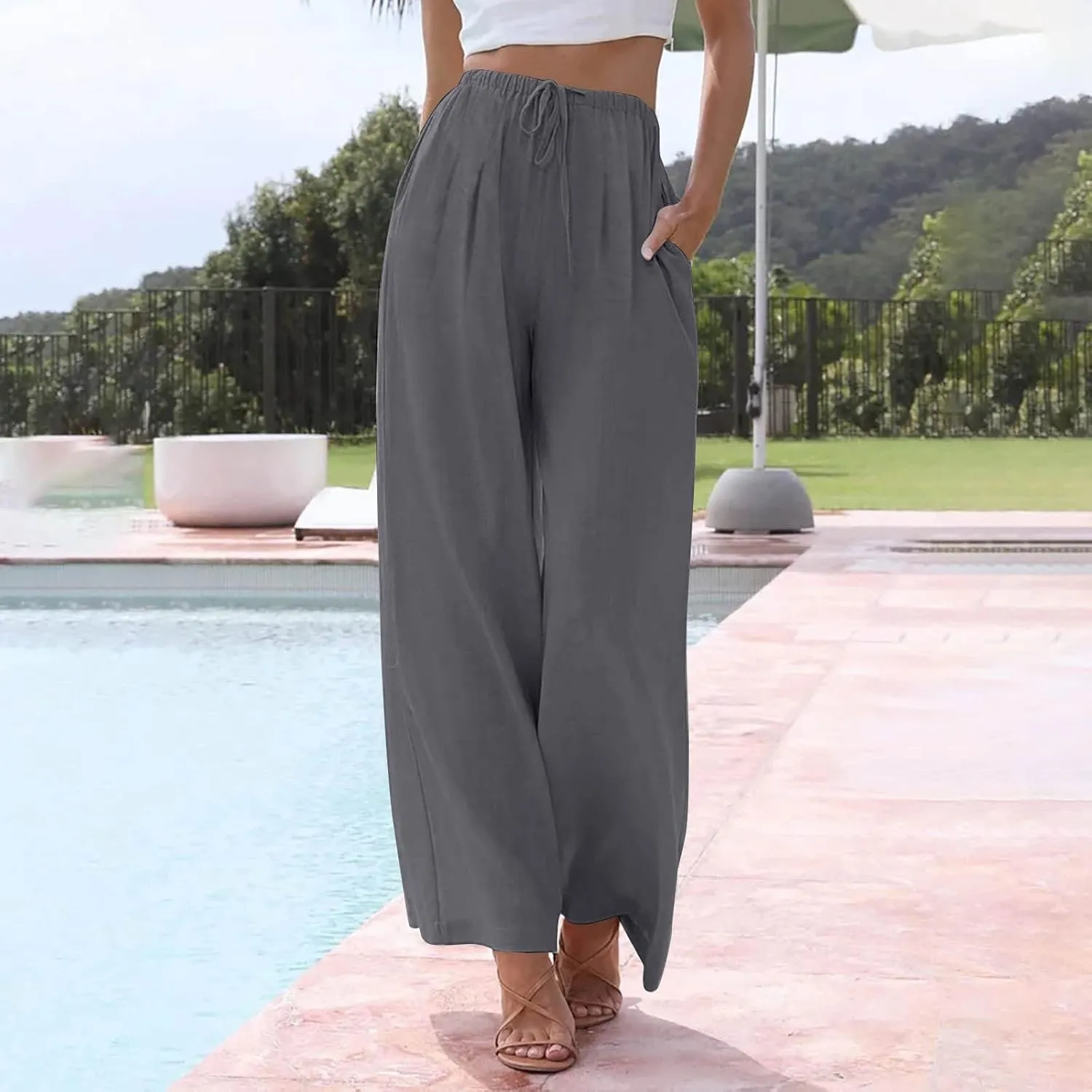 fanmpghleoo Wide Leg Linen Pants for Women Drawstring High Waisted Linen Palazzo Pants Flowy Comfy Lounge Pant with Pockets