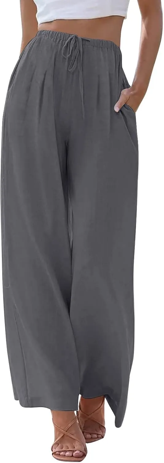 fanmpghleoo Wide Leg Linen Pants for Women Drawstring High Waisted Linen Palazzo Pants Flowy Comfy Lounge Pant with Pockets