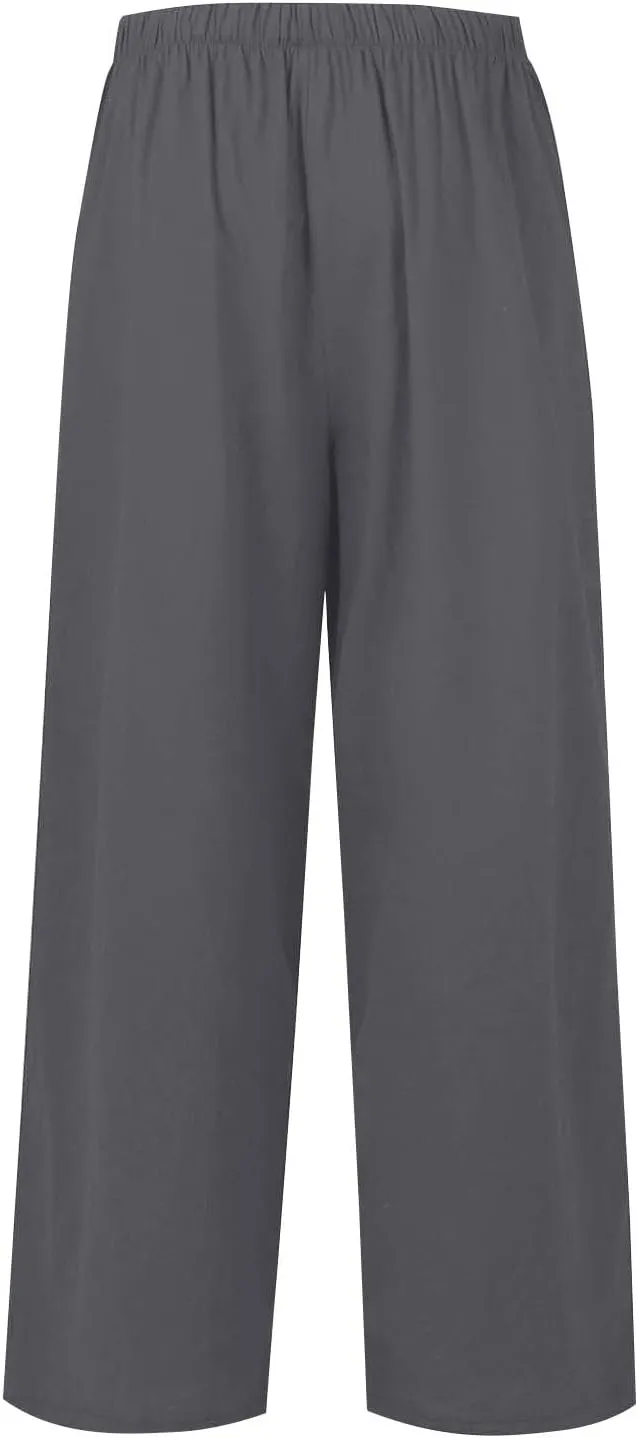 fanmpghleoo Wide Leg Linen Pants for Women Drawstring High Waisted Linen Palazzo Pants Flowy Comfy Lounge Pant with Pockets