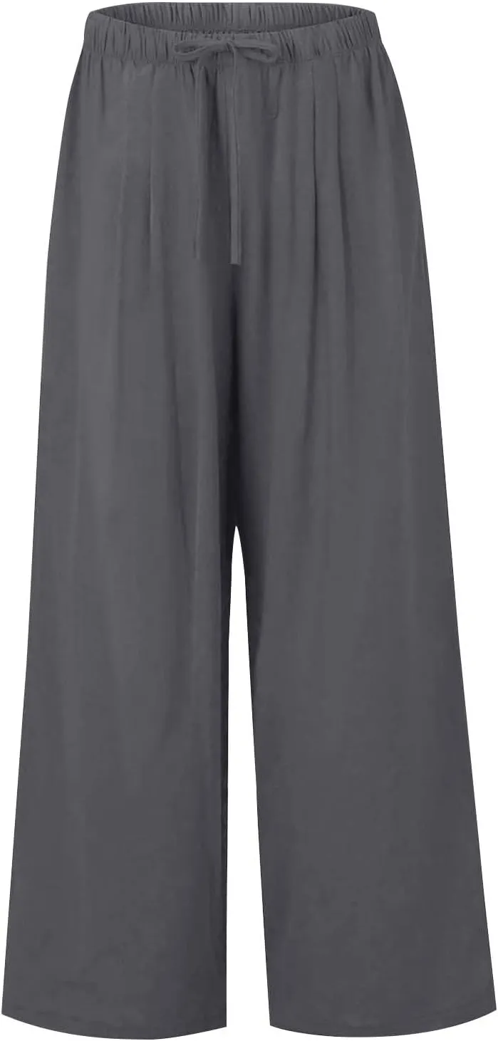 fanmpghleoo Wide Leg Linen Pants for Women Drawstring High Waisted Linen Palazzo Pants Flowy Comfy Lounge Pant with Pockets