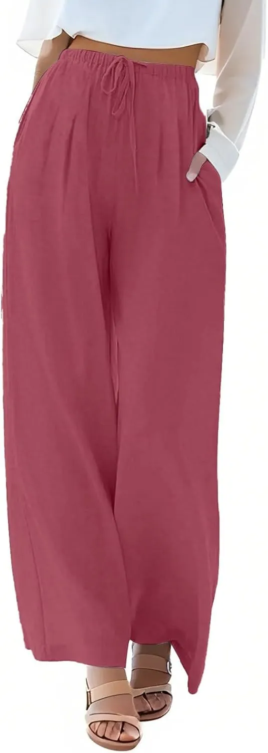 fanmpghleoo Wide Leg Linen Pants for Women Plus Size Palazzo Pants Casual Drawstring Flowy Beach Linen Trousers with Pockets