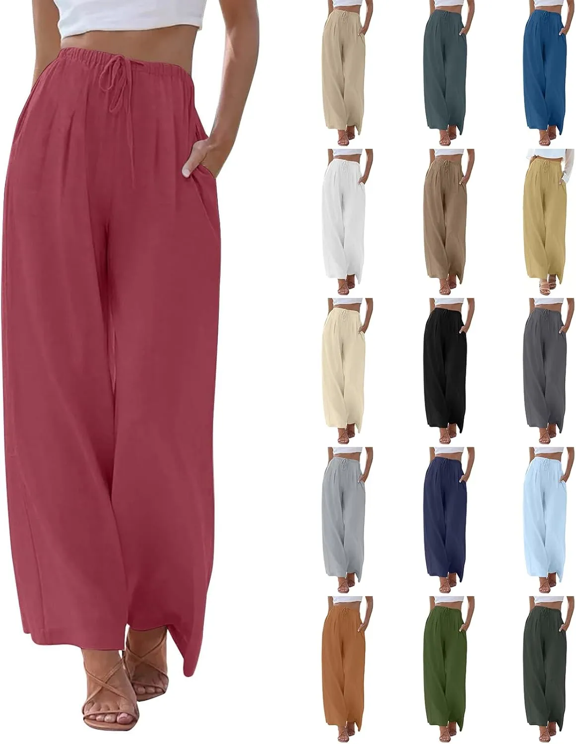 fanmpghleoo Wide Leg Linen Pants for Women Plus Size Palazzo Pants Casual Drawstring Flowy Beach Linen Trousers with Pockets