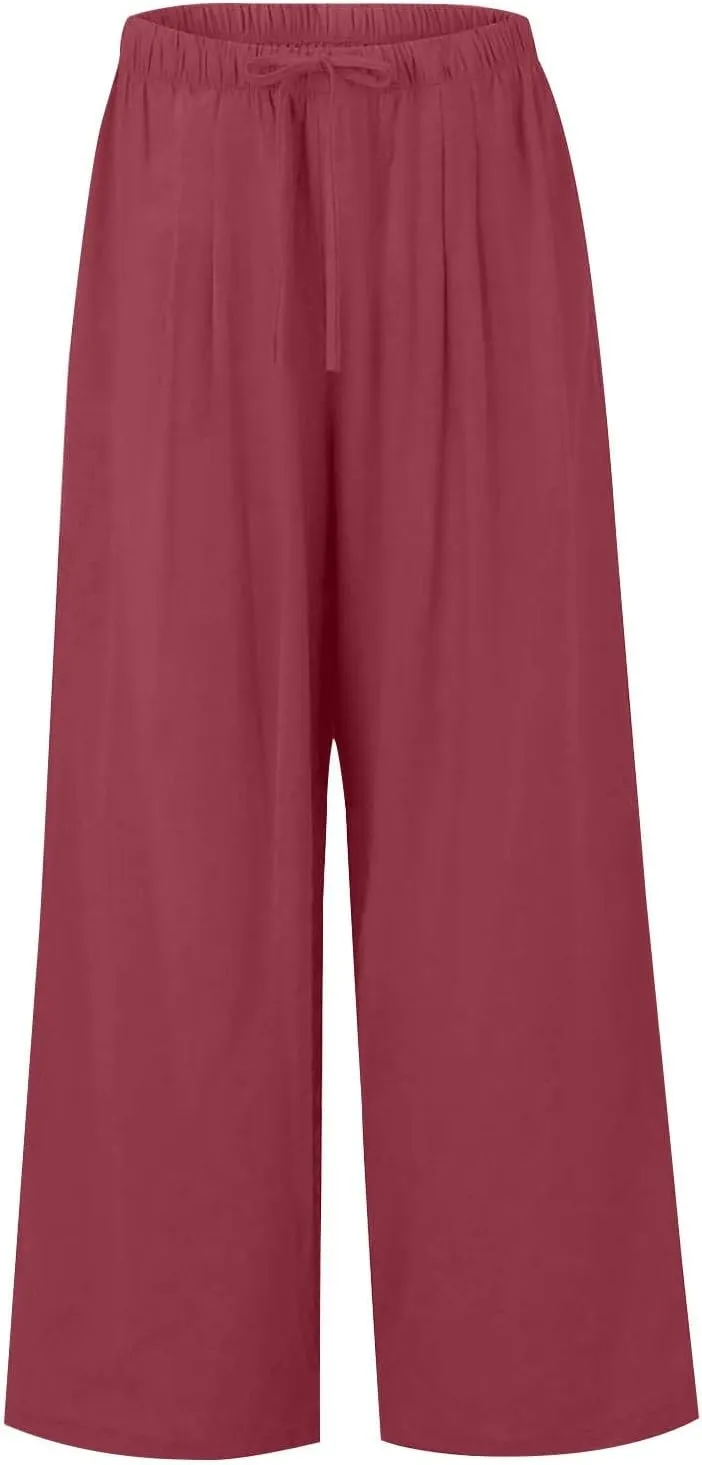 fanmpghleoo Wide Leg Linen Pants for Women Plus Size Palazzo Pants Casual Drawstring Flowy Beach Linen Trousers with Pockets