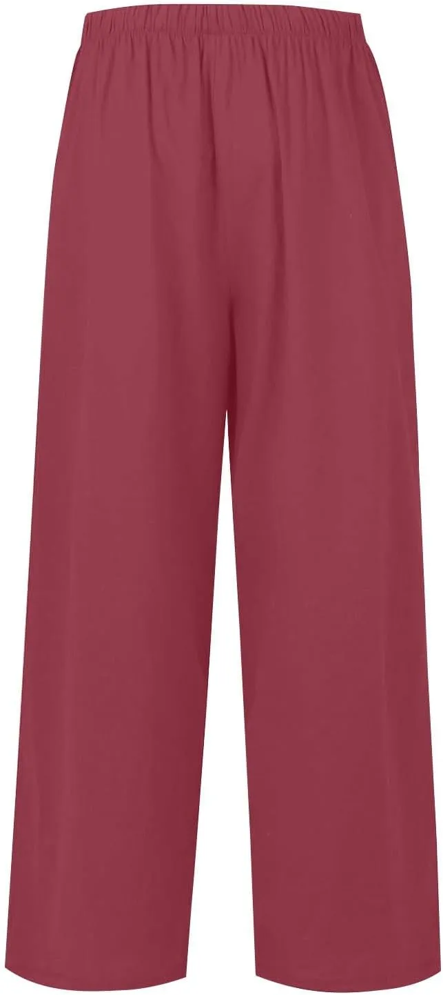 fanmpghleoo Wide Leg Linen Pants for Women Plus Size Palazzo Pants Casual Drawstring Flowy Beach Linen Trousers with Pockets