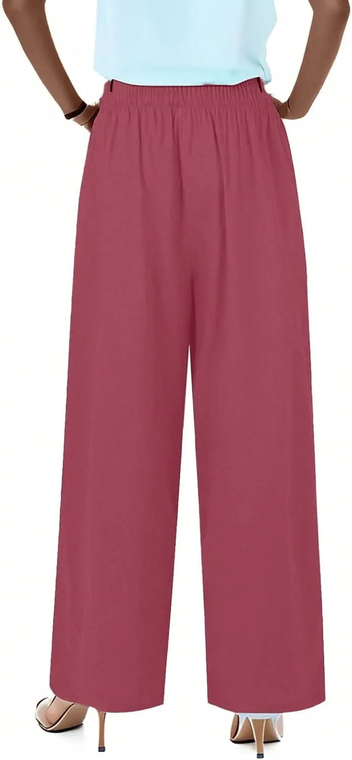 fanmpghleoo Wide Leg Linen Pants for Women Plus Size Palazzo Pants Casual Drawstring Flowy Beach Linen Trousers with Pockets