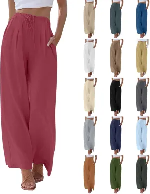 fanmpghleoo Wide Leg Linen Pants for Women Plus Size Palazzo Pants Casual Drawstring Flowy Beach Linen Trousers with Pockets
