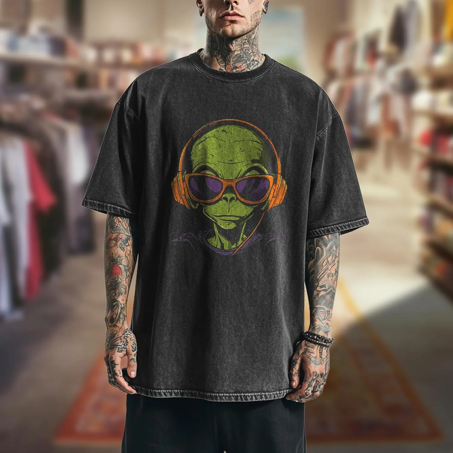 Fashion Cotton Mens Vintage T Shirts Crew Neck Drop Shoulder Oversized T Shirt Washed Printed Graphic Tee