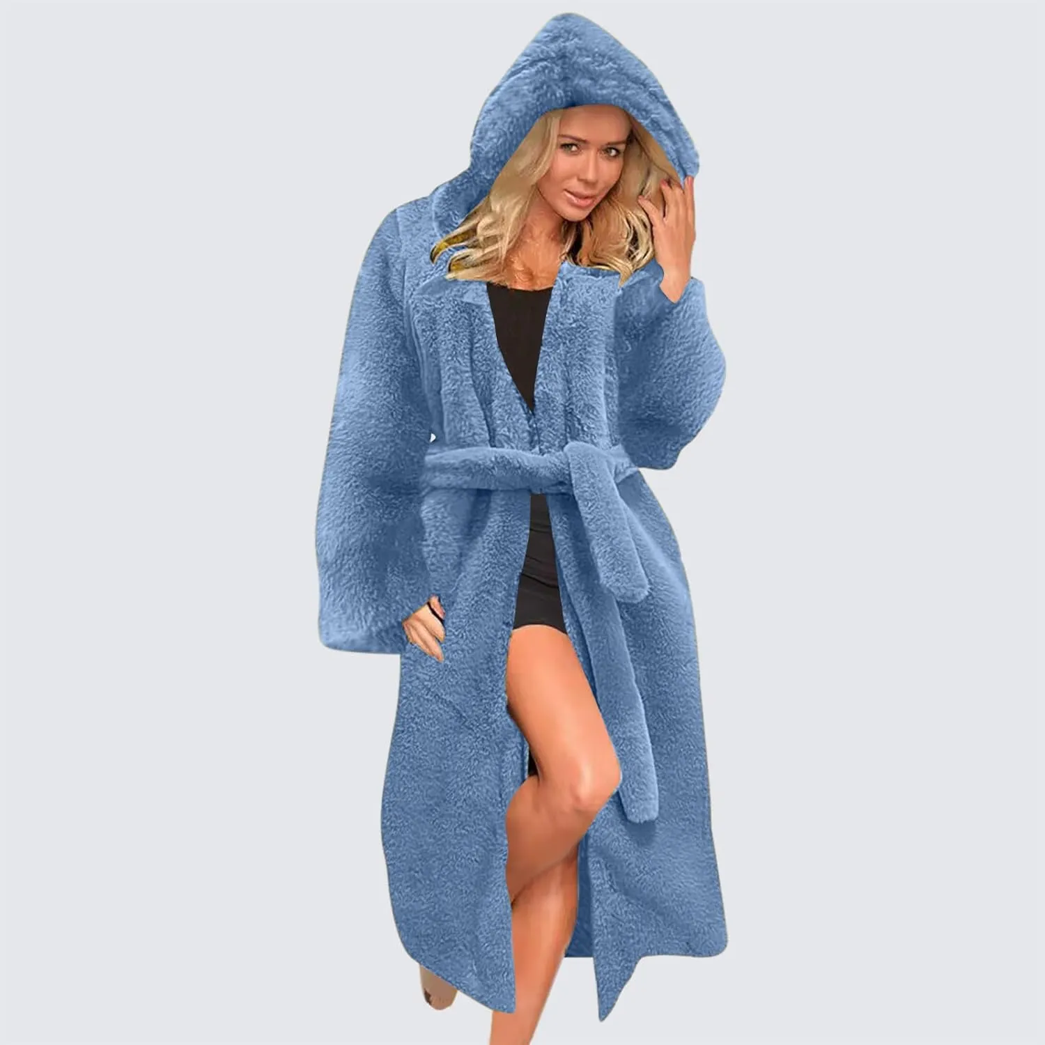 Faux Fur Coats for Women Fuzzy Fleece Lined Open Front Hooded Jacket Long Sleeve Warm Winter Parka Coat Sleepwear with Belt