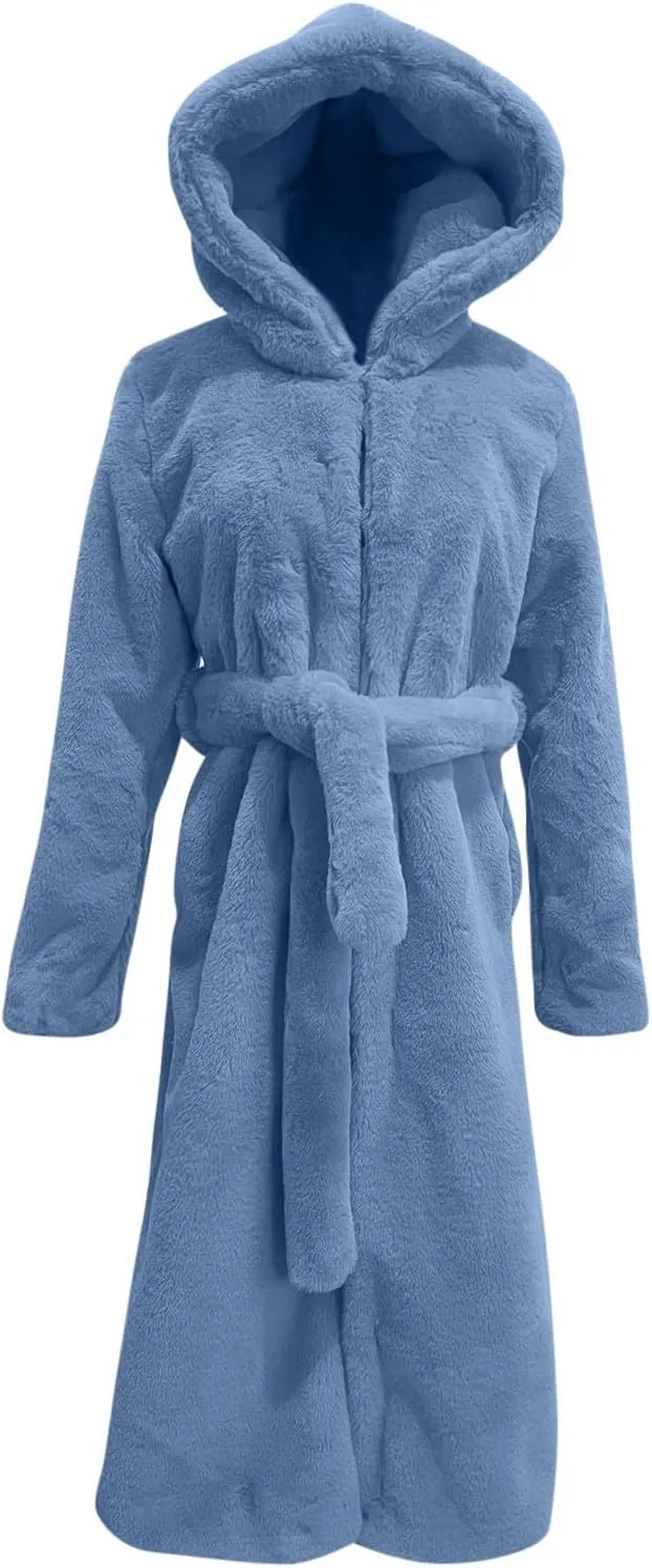 Faux Fur Coats for Women Fuzzy Fleece Lined Open Front Hooded Jacket Long Sleeve Warm Winter Parka Coat Sleepwear with Belt