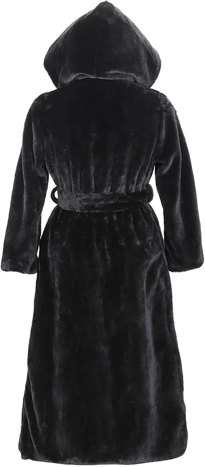 Faux Fur Coats for Women Fuzzy Fleece Lined Open Front Hooded Jacket Long Sleeve Warm Winter Parka Coat Sleepwear with Belt