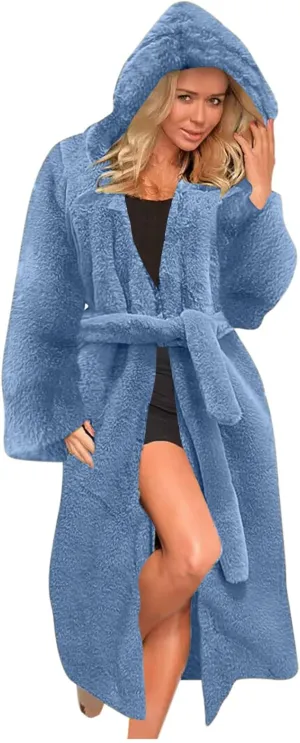 Faux Fur Coats for Women Fuzzy Fleece Lined Open Front Hooded Jacket Long Sleeve Warm Winter Parka Coat Sleepwear with Belt