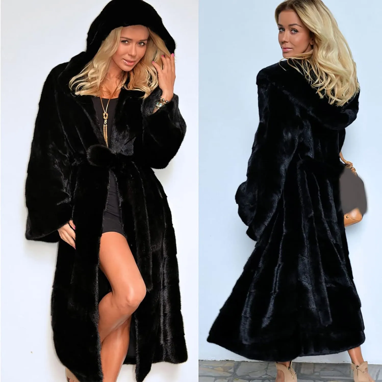 Faux Fur Coats for Women Fuzzy Fleece Lined Open Front Hooded Jacket Long Sleeve Warm Winter Parka Coat Sleepwear with Belt