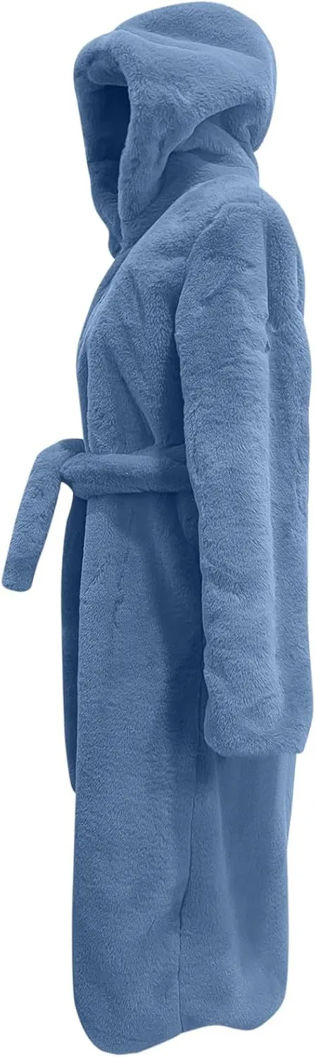 Faux Fur Coats for Women Fuzzy Fleece Lined Open Front Hooded Jacket Long Sleeve Warm Winter Parka Coat Sleepwear with Belt