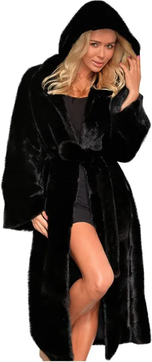 Faux Fur Coats for Women Fuzzy Fleece Lined Open Front Hooded Jacket Long Sleeve Warm Winter Parka Coat Sleepwear with Belt