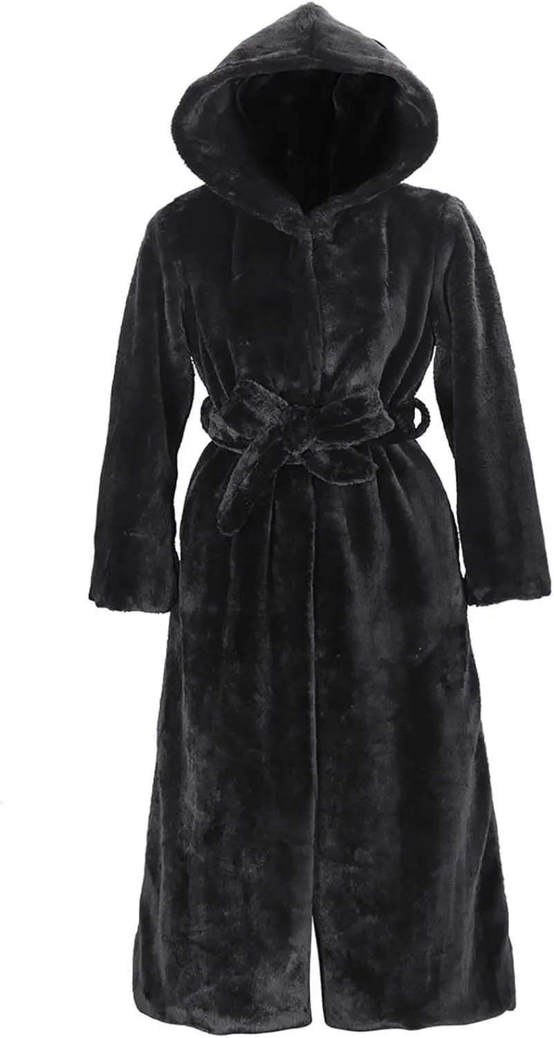 Faux Fur Coats for Women Fuzzy Fleece Lined Open Front Hooded Jacket Long Sleeve Warm Winter Parka Coat Sleepwear with Belt