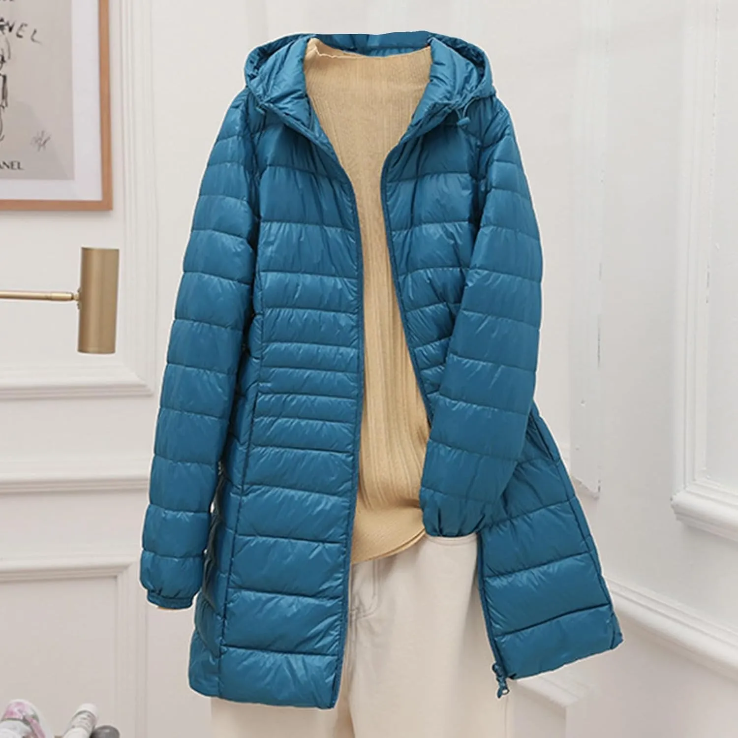 Firzero Puffer Jacket Womens Plus Size Long Down Jacket Winter Lightweight Hooded Slim Jackets Female Portable Outwear