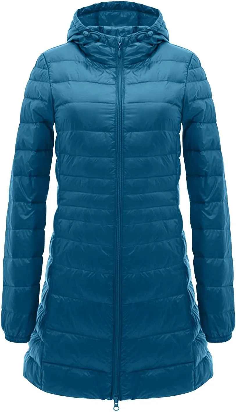 Firzero Puffer Jacket Womens Plus Size Long Down Jacket Winter Lightweight Hooded Slim Jackets Female Portable Outwear