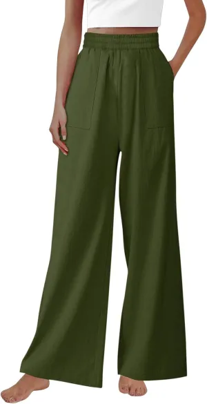 Flowy Pants for Women Flowy Beach Pants Linen Palazzo Pants Summer Elastic Pants Workout Soft Pants Long Trousers