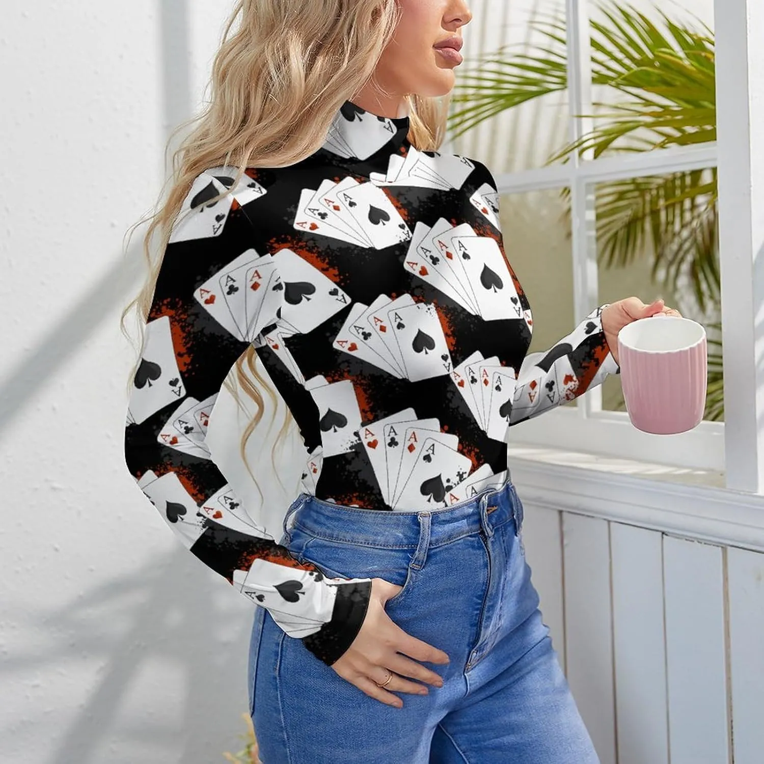 Four Aces Poker Playing Cards Women's Sexy Bodysuit Long Sleeve Tops Mock Turtle Neck T Shirts 1-Piece