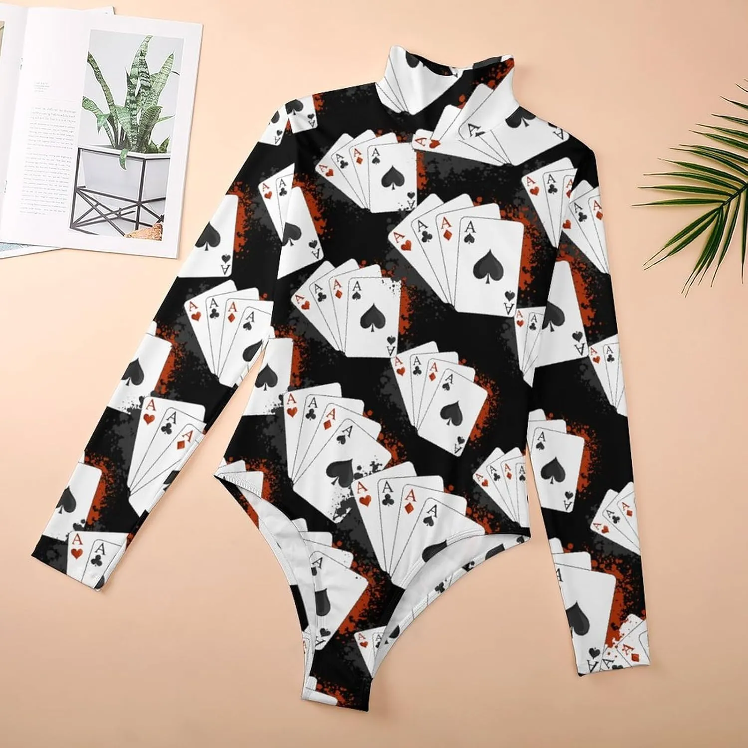 Four Aces Poker Playing Cards Women's Sexy Bodysuit Long Sleeve Tops Mock Turtle Neck T Shirts 1-Piece