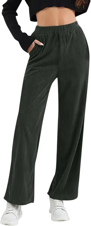 Gumipy Corduroy Pants Women Casual Comfy Wide Leg Pants Elastic High Waisted Trousers Pants Fall Lounge Pants with Pockets