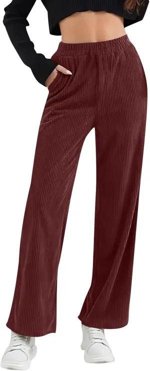 Gumipy Corduroy Pants Women Casual Comfy Wide Leg Pants Elastic High Waisted Trousers Pants Fall Lounge Pants with Pockets