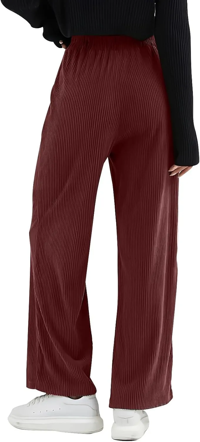 Gumipy Corduroy Pants Women Casual Comfy Wide Leg Pants Elastic High Waisted Trousers Pants Fall Lounge Pants with Pockets